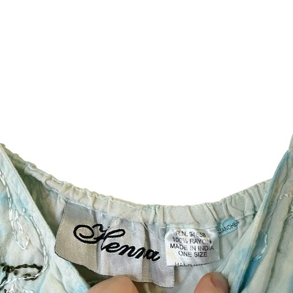 Henna Tie Dye Blue White Boho Button Front Rayon Tie Back Fairy Y2K Dress OS - Picture 6 of 6